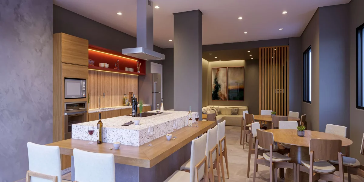 MS Zappa - Sorocaba - Espaço gourmet interno para festas, com ilha e mesas confortáveis.