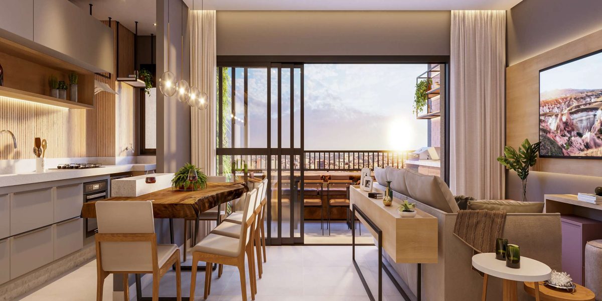 MS Zappa - Sorocaba - Living integrado à varanda gourmet, luz natural e aconchego.