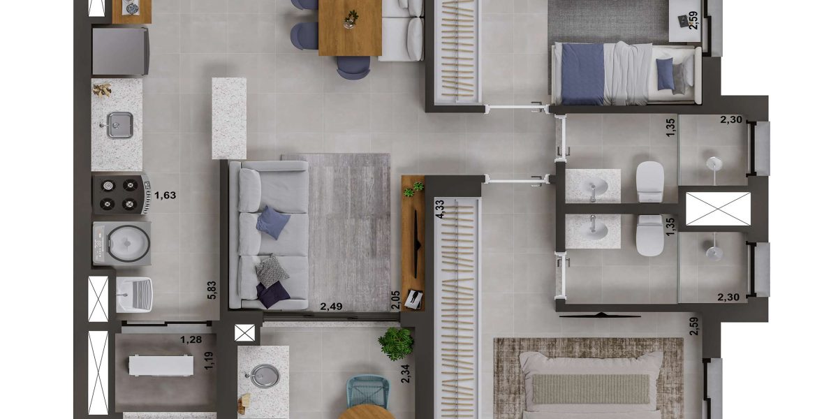 MS Zappa - Sorocaba - Planta 69m² com 2 dormitórios, suíte e varanda gourmet.