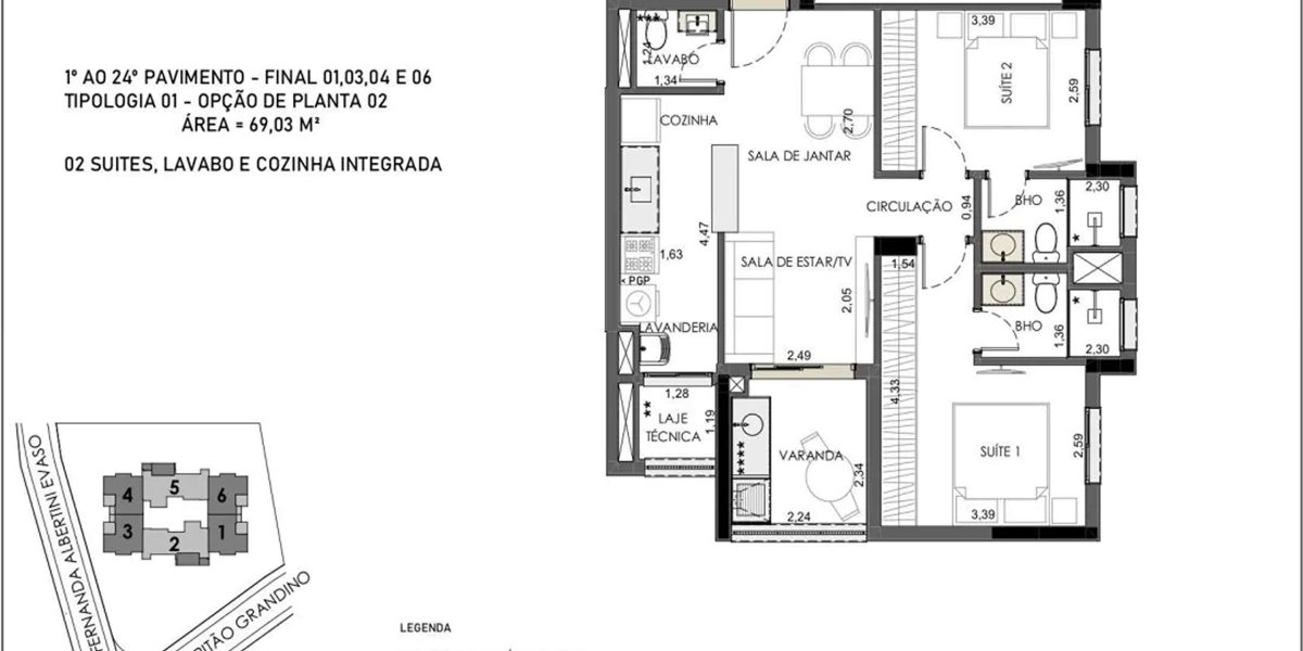 MS Zappa - Sorocaba - Planta 69m² com 2 suítes e living integrado, layout funcional.