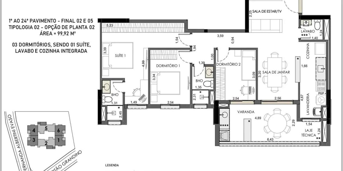 MS Zappa - Sorocaba - Planta 99m² com 2 suítes, estar ampliado e varanda generosa.