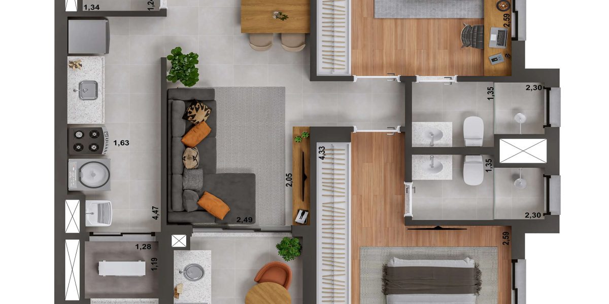 MS Zappa - Sorocaba - Planta técnica 69m² com 2 suítes, lavabo e cozinha integrada.