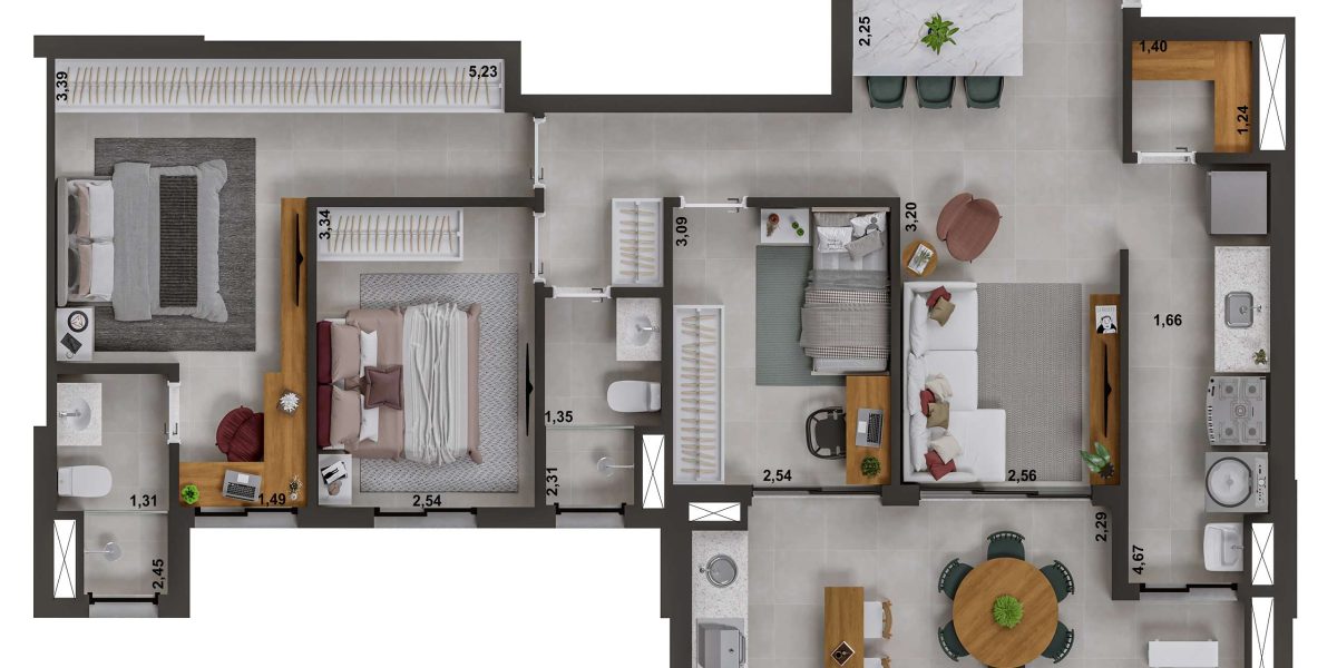 MS Zappa - Sorocaba - Planta técnica 99m² com 3 dormitórios, suíte e varanda.