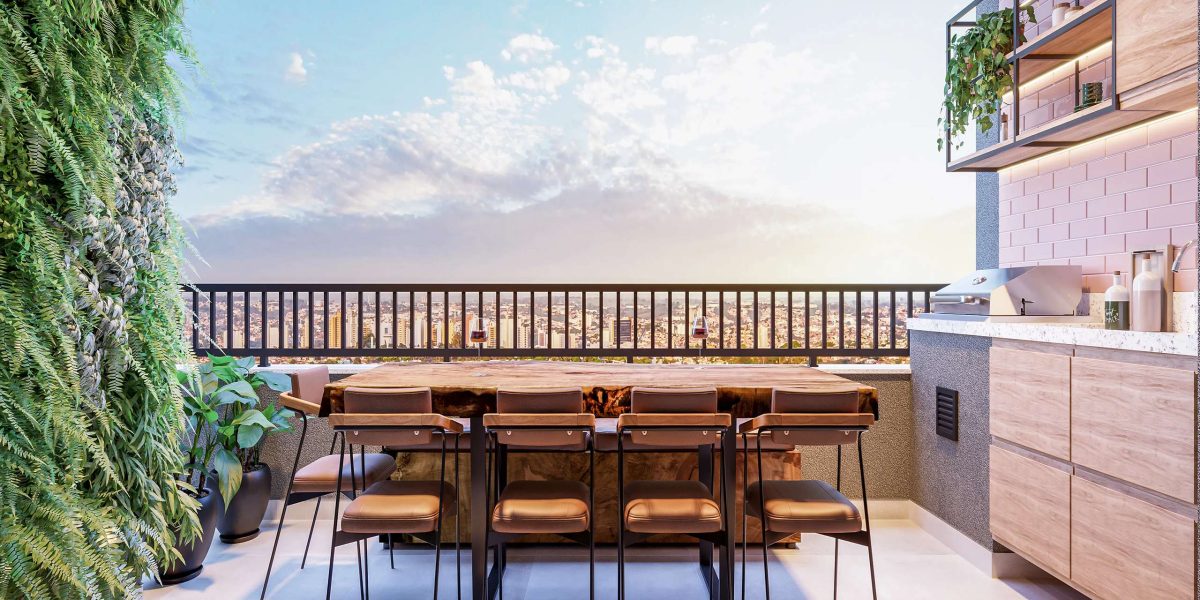 MS Zappa - Sorocaba - Varanda gourmet mobiliada com vista panorâmica da cidade.